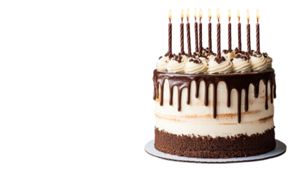 Delicious chocolate birthday cake with candles on black background, cut out transparent