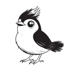  Cute cartoon bird line drawing for kids coloring book or educational material – hand-drawn animal illustration with big eyes and feather details in black and white
