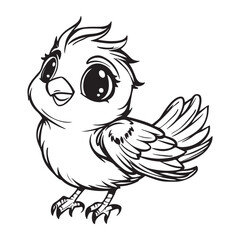 Cute cartoon bird line drawing for kids coloring book or educational material – hand-drawn animal illustration with big eyes and feather details in black and white