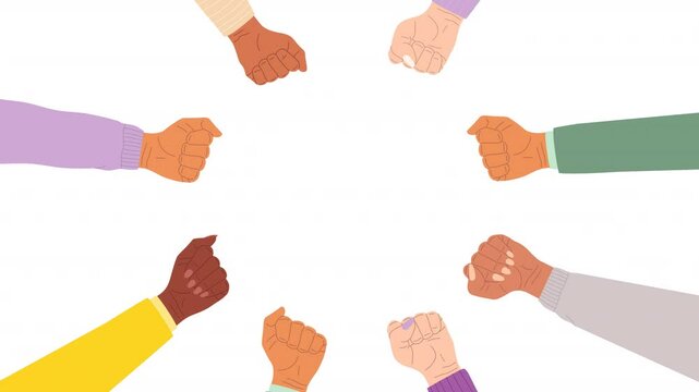 Animation of hands forming a circle of fists. The concept of successful teamwork, assistance, support, unity, cooperation.