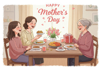 A beautifully illustrated Mother's Day gathering where a mother, daughter, and grandmother celebrate with a delicious meal, heartfelt conversations
