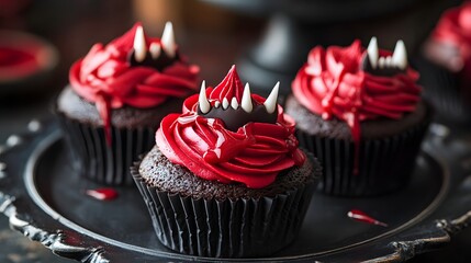 Plate of vampire-themed cupcakes with red icing and fang decorations
