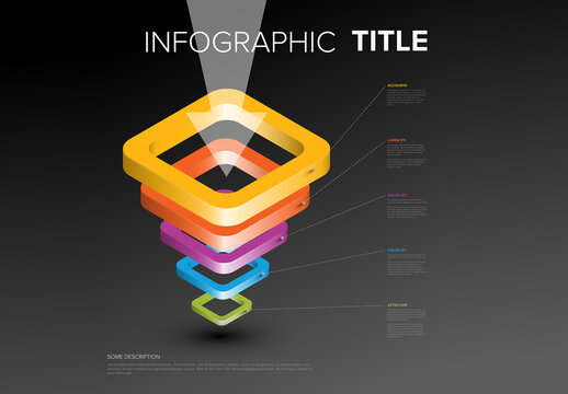 Layered Funnel Infographic Design Template with Text Descriptions and icons on dark background