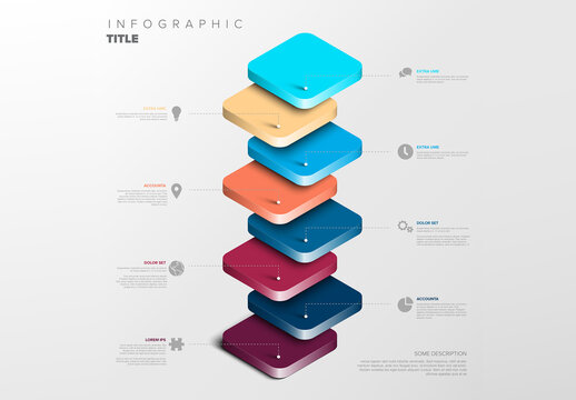 3D Layered Infographic Template with Colored blue and red Squares with icons and descriptions
