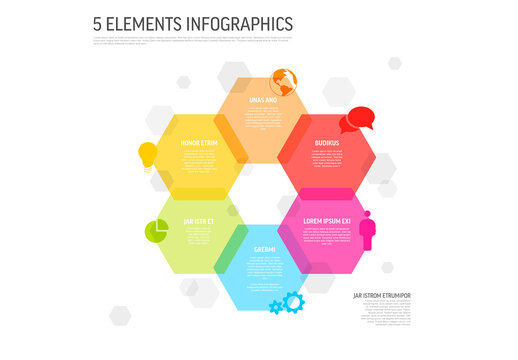 Colorful 5 Element Infographic Design Template with flat Hexagon Layout