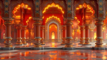 Obraz premium A grand, opulent hall adorned with intricate arches and columns, illuminated by a warm, radiant orange glow that enhances its majestic beauty