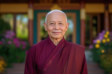 Fototapeta premium Serene monk in traditional robes against a vibrant garden backdrop