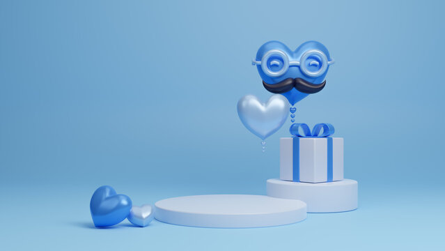 Love for happy father s day with frame and blue heart. Concept for Father's day. Gift box along with some festive decorations. Concept of sending love and surprise for dads. 3D rendering illustration