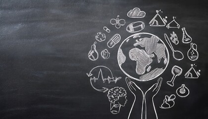 Sustainability Concept – Chalk Sketch of Earth and Hand on Blackboard

