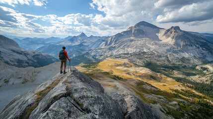 Hiker standing on a mountain peak overlooking a vast mountain range.
The image features a live object (person) within a natural landscape.