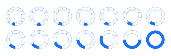 Circles divided diagram 1, 2, 3, 10, 7, 8, 9, 10, 11, 12, 13, 14 equal parts. Graph icon. Pie, pizza shape section charts. Coaching blank blue mockups. Set of segments wheel round divide infographic. 