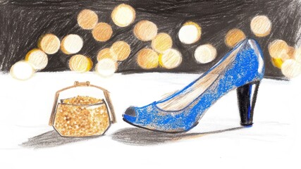 Colored pencil hand-drawn sketch, Elegant blue high heel shoe paired with a stylish gold clutch against a blurred bokeh background.