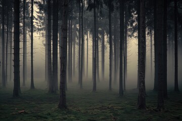 Fototapeta premium Foggy woods create a mysterious atmosphere in a dense forest during early morning hours