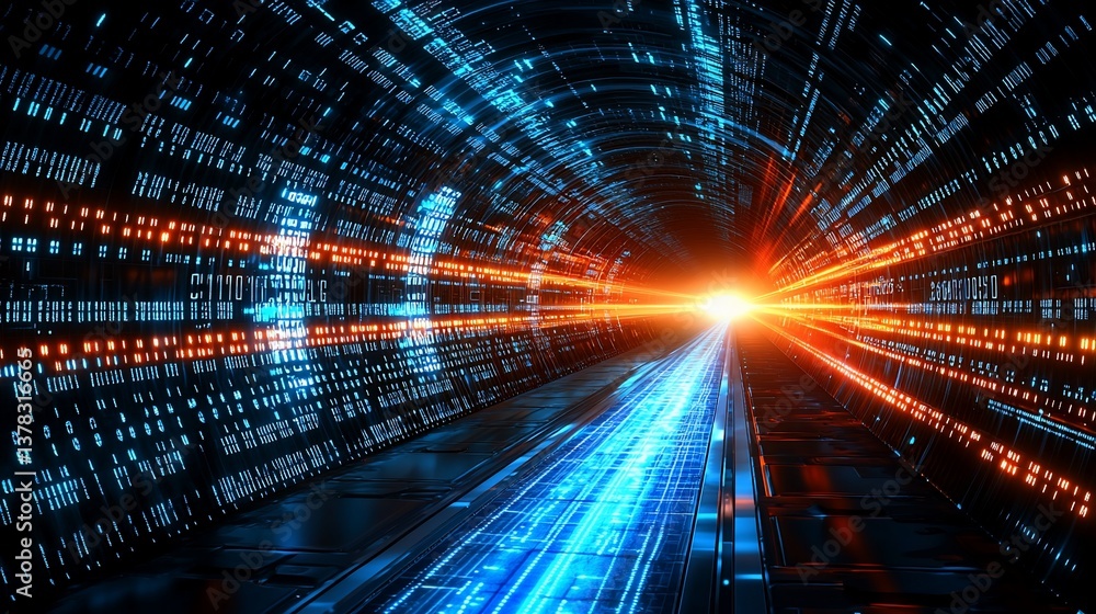 Poster digital data stream tunnel - futuristic technology background