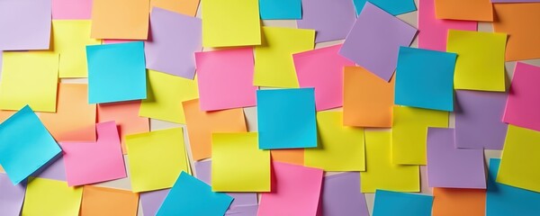 Colorful sticky notes cover wall creating playful creative visual. Notes arranged to form pattern. Office workspace background. Ideas brainstorming concept. Teamwork productivity. Education,