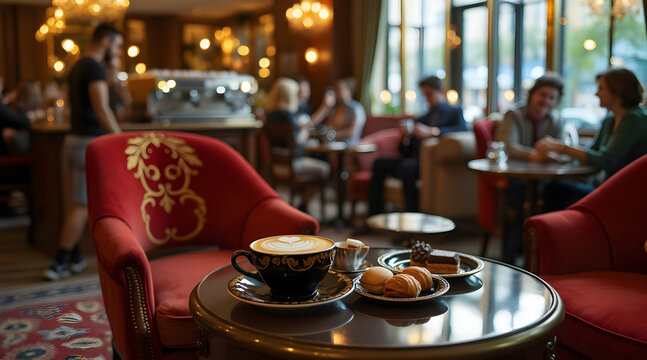 Enjoying Coffee and Macarons in a Cozy CafÃ© with Elegant Decor