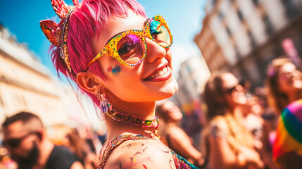 Colorful Pride Participant with Pink Hair and Glitter Glasses