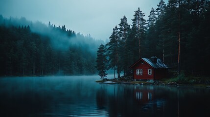 Fototapeta premium A small cabin nestled by a lake surrounded by a forest