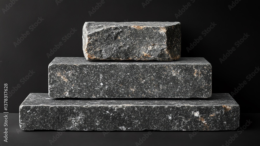 Poster stacked rough granite blocks creating minimalist display with black background