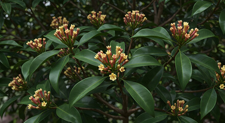 Obraz premium Close Up of Flowering Clove Tree with Buds and Green Leaves