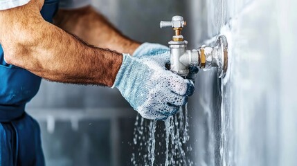 Professional plumber repairing a water valve with soap suds