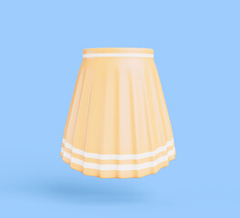 3d yellow women skirt with white stripes and folds isolated on blue background. Render cartoon mockup of midi length pleated girl skirt. Fashion female satin clothes template. 3D illustration