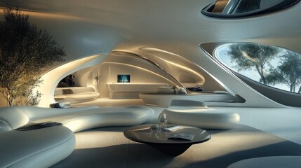 Fototapeta premium Futuristic Living Room Design: Organic Architecture and Modern Comfort
