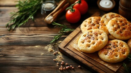 Fototapeta premium Rustic Wooden Table with Rosemary, Tomatoes, and Homemade Flatbreads