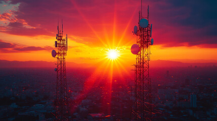 Sunset Over Cell Towers: Electromagnetic Pollution and Technology Concept