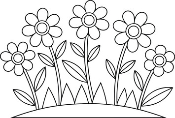 Daisy Garden Outline Illustration, Floral Cartoon Design, Simple Flower with Transparent Background
