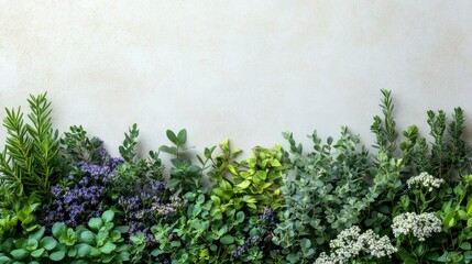 Vibrant Assortment of Fresh Herbs and Flowers Against a Textured Background