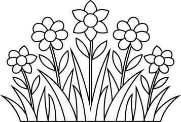 Line Art Flowers and Grass on White, Garden Border Clipart