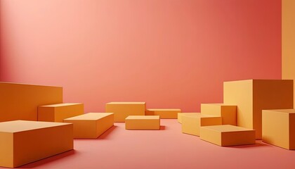Geometric Stage: A vibrant scene of geometric shapes and structures, composed of warm hues of coral and gold, creating a visually striking and modern architectural landscape for product display.
