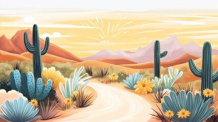 Pixel Art Desert Sunset Landscape with Winding Road and Cacti