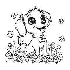  Adorable Cartoon Puppy in Flowers Coloring Page Illustration
