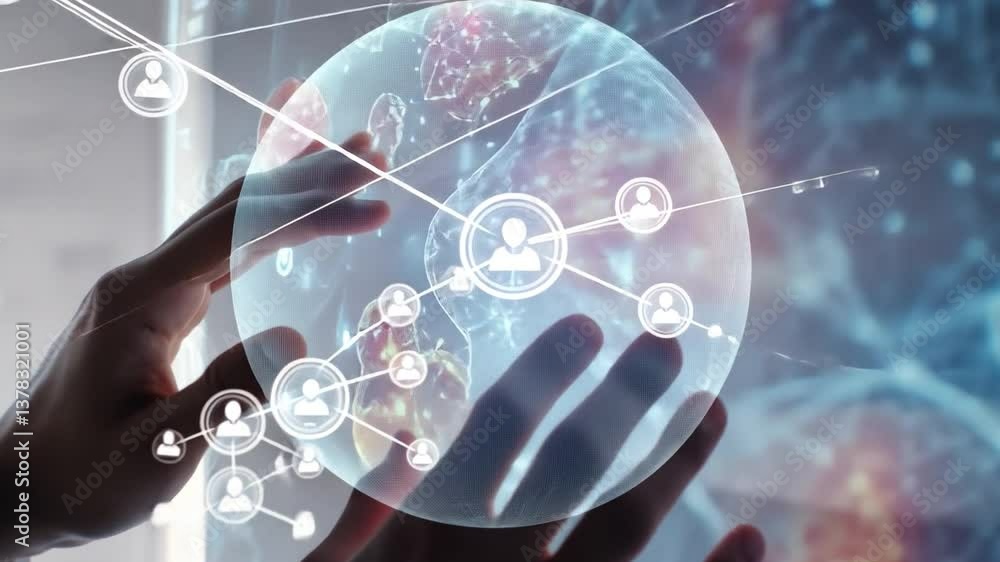 Poster global connectivity: a conceptual image of hands cradling a glowing globe, interwoven with digital c