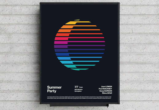 Summer Party Poster with Rainbow Moon and Stripes