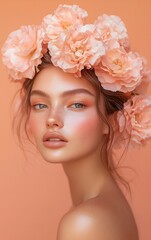 Naklejka premium Beautiful woman with peach flower crown