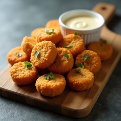 Golden crispy chicken nuggets with a side of creamy dipping sauce, perfect for any appetizer.