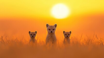 Three Arctic Fox Kits at Sunset, Adorable Arctic fox pups in golden sunset light.