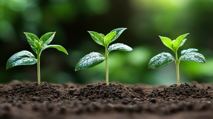 Fototapeta premium Three Young Seedlings Growing in Rich Soil - Symbol of Growth, New Beginnings, and Sustainability