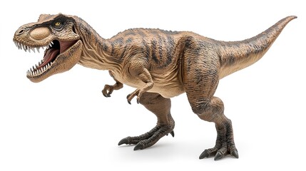 A fearsome Tyrannosaurus Rex, a prehistoric predator captured in a powerful pose, showcasing intricate details and realistic texture against a stark white background.