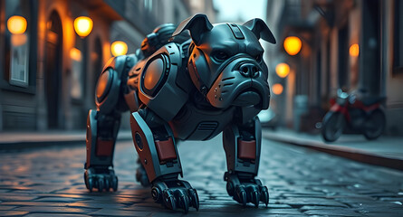 Obraz premium A powerful and hardy robot bulldog, it has a box-shaped armored frame with a short, wide muzzle.