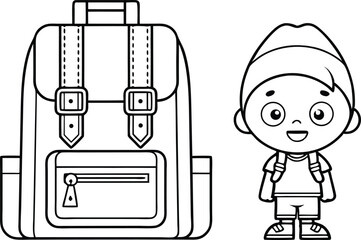 Line Art Boy with Backpack, Cute Character with School Bag on Transparent Background