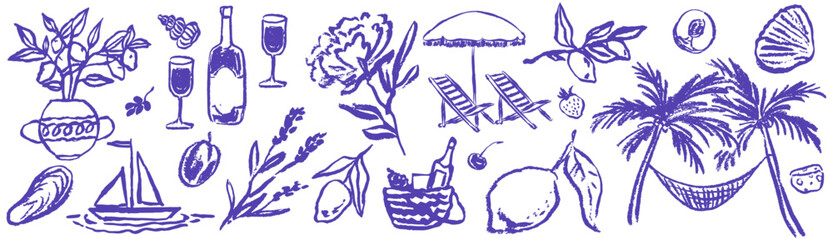 Italian amalfi sicily style vacation hand drawn vector illustrations in grunge rough doodle sketch style elements. Lemon, palm tree vacation chalk charcoal style drawings for poster, placard or print.