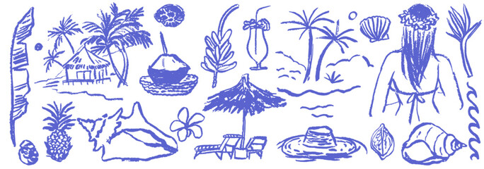 Bali, Thailand or tropic style vacation. Hand drawn vector illustrations. Grunge rough doodle sketch coconut, palm tree and exotic fruits. Blue chalk charcoal style drawings for poster, placard.