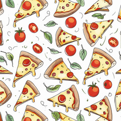 A seamless doodle pattern of pizza slices, each with varying thicknesses and playful curves, cheese drips resembling tiny cloud shapes, cherry tomatoes with slight gradient shading, and sprigs of basi