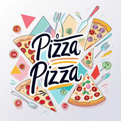 A trendy pizza doodle set with abstract shapes, playful typography, and quirky hand-drawn pizza elements, ideal for social media graphics and branding.