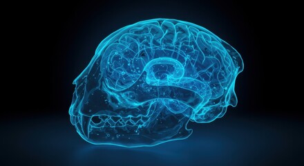 Glowing Blue Animal Skull and Brain X-Ray Scan: Neurological Anatomy Visualization