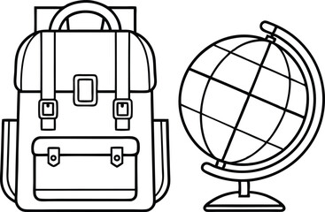 School Bag and World Globe Outline on Transparent Background Education, Travel, Knowledge